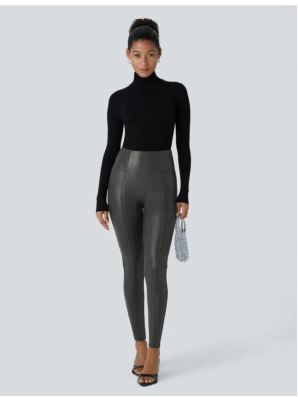 Halara High Waisted Tummy Control Faux Leather Foil Print Stretch Legging Blk S